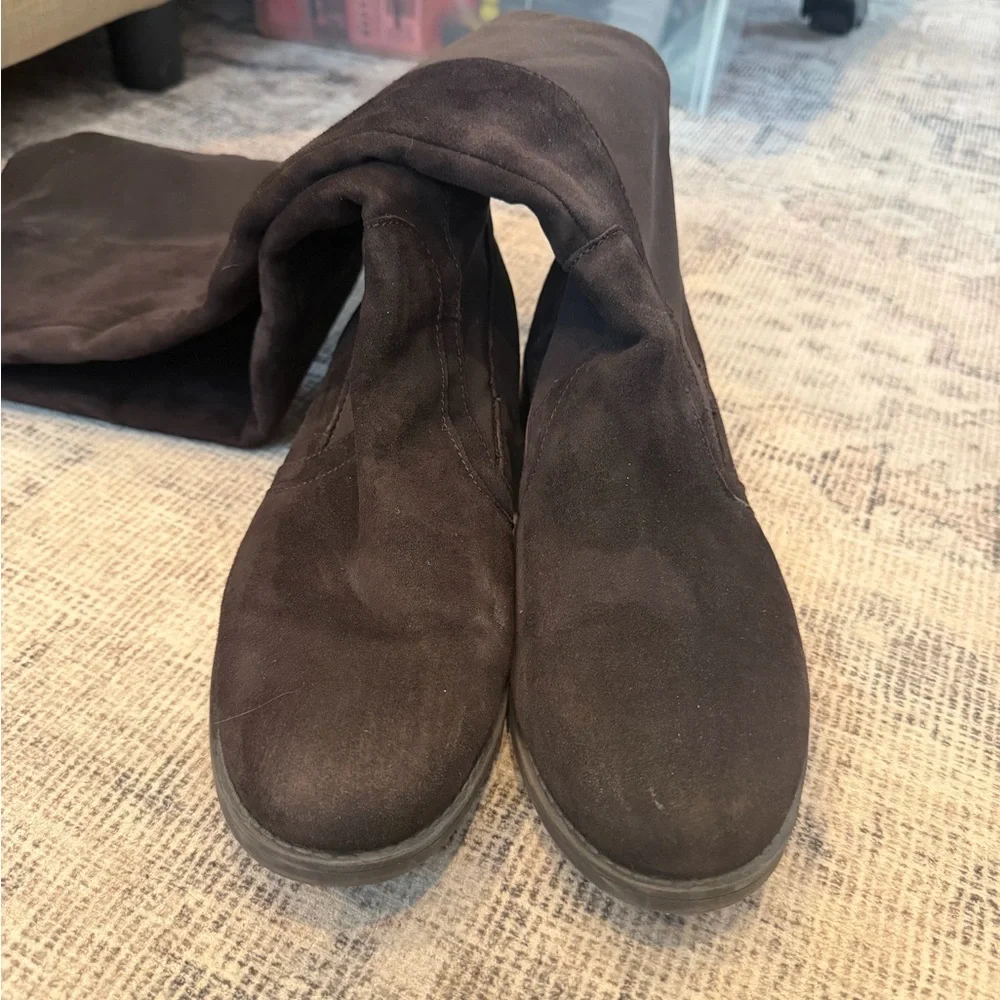 AUDREY BROOKE TAMELA OTK BOOTS 7.5 DARK BROWN SUEDE AND STRETCH 50/50 ($179)